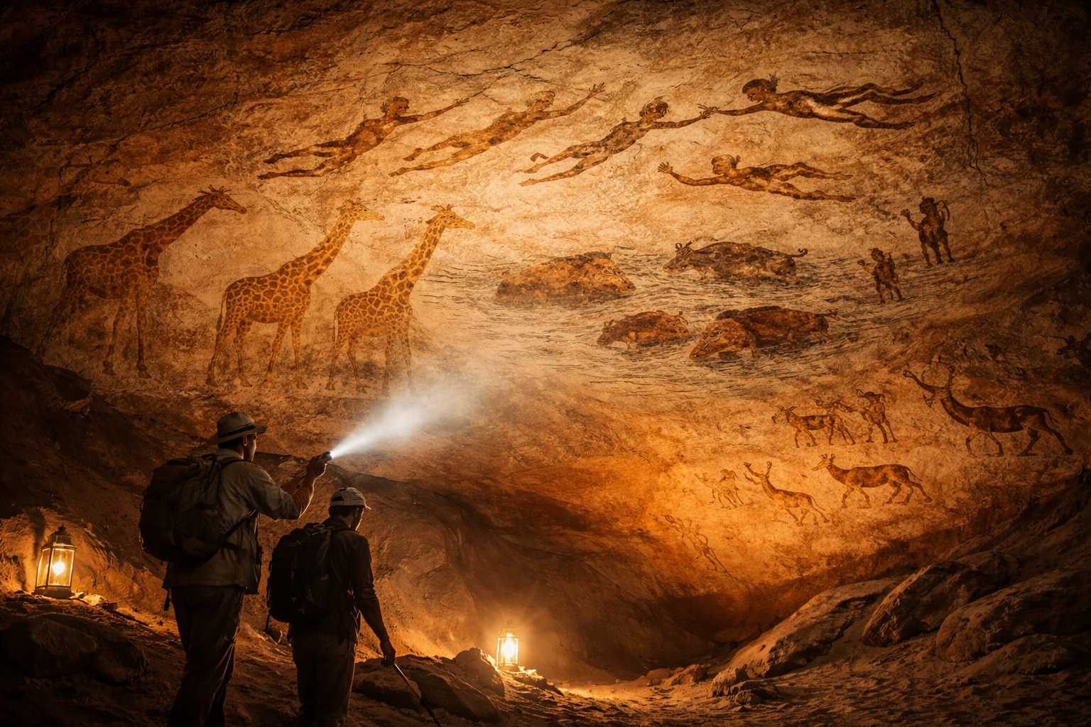 사하라 사막 동굴의 수영하는 사람 암각화