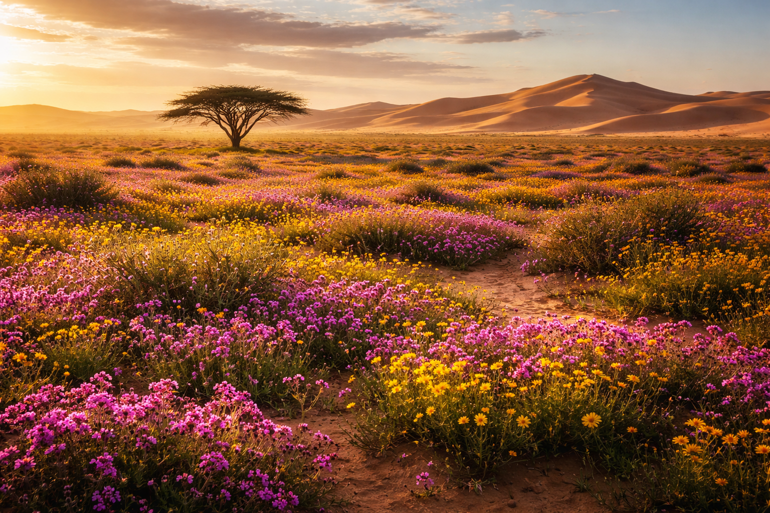 사막에 꽃이 피어나는 기적 같은 풍경